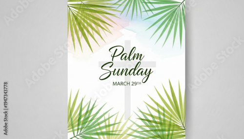 Palm Sunday banner with cross and leaves, March 20th, religious holiday