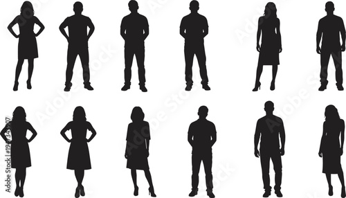 Diverse people silhouettes set, men and women in casual clothing standing in different poses, group of young people, vector illustration.