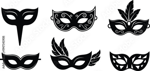Collection of black masquerade masks, carnival eye masks with feathers and ornate designs, vector set