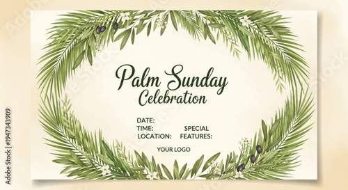 Palm Sunday Celebration invitation card with green leaves