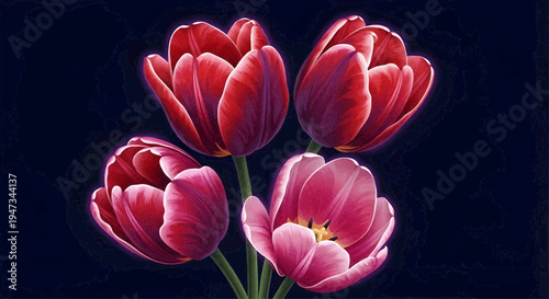 Luxury vector illustration of elegant tulip flowers glowing softly in the dark