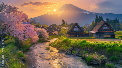 beautiful clean and tidy road to Mount Fuji with blooming pink cherry blossom and peaceful traditional Japanese Shirakawa-go house style at countryside of Japan.	