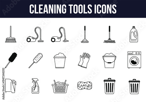 Collection of various cleaning tools and equipment icons
