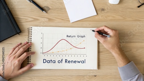 Hand Holding Pen Analyzing Return Graph Data of Renewal on Wooden Table with Stationery Office Supplies Visible