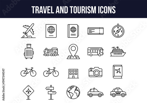 Travel and tourism icons set for navigation and destination guides