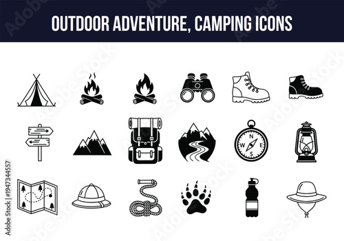 Outdoor adventure and camping icons set for travel and nature activities