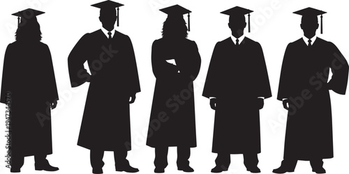 Student graduation silhouettes set, university graduates wearing academic gowns and mortarboard caps, successful group celebrate degree completion, isolated vector illustration, education.