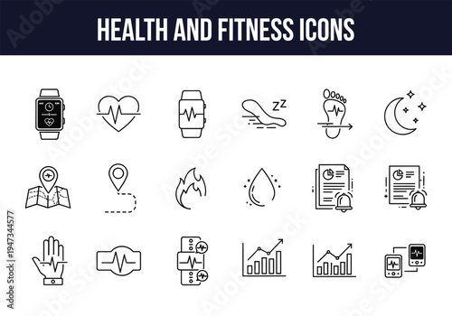 Health and fitness icons set for wellness and lifestyle