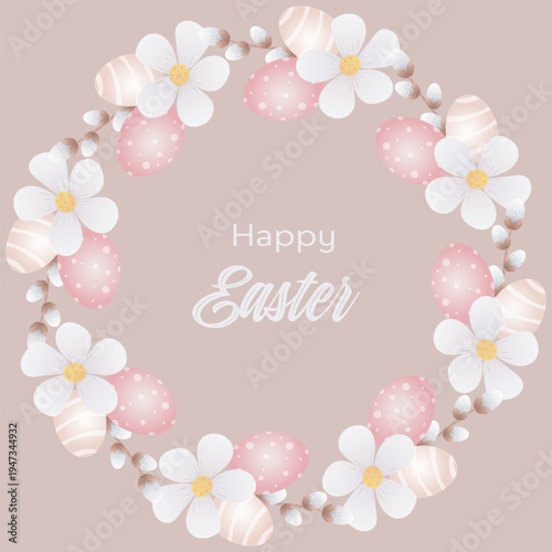 Pastel Easter wreath illustration with white flowers, pink decorated eggs, and pussy willow branches.