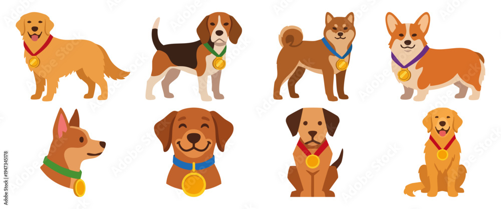 Fototapeta premium Medal of Honor- A proud pup with a gold medal dangling from its collar Flat Vector Illustration on Transparent Background
