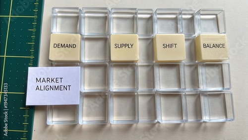 Market alignment concept with supply, demand, shift, and balance tiles arranged on a transparent grid background