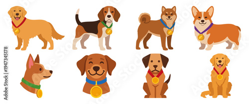 Medal of Honor- A proud pup with a gold medal dangling from its collar  Flat Vector Illustration on Transparent Background
