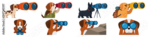 Scout A dog looking through a set of oversized binoculars  Flat Vector Illustration on Transparent Background