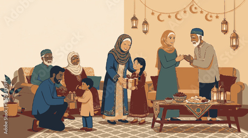 Happy family gathering together in a cozy living room with warm lighting and festive decorations