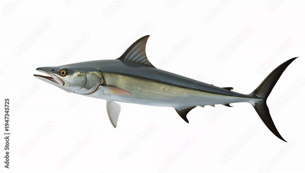 Obraz premium Large Barracuda Fish with Sharp Fins and Textured Scales Isolated on White Background