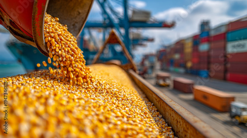 Golden corn kernels pouring from industrial chute into storage at busy shipping port with colorful containers and transport trucks in background
