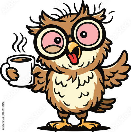 Funny tired owl character holding coffee mug, caffeine addiction vector illustration