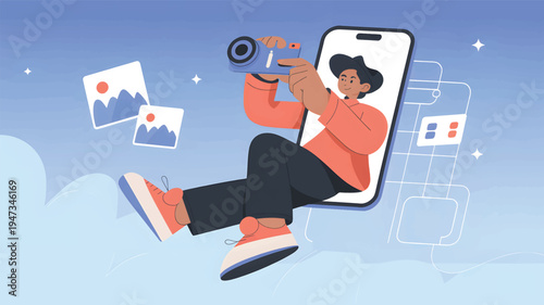 A person with a camera floating near a smartphone in the blue sky