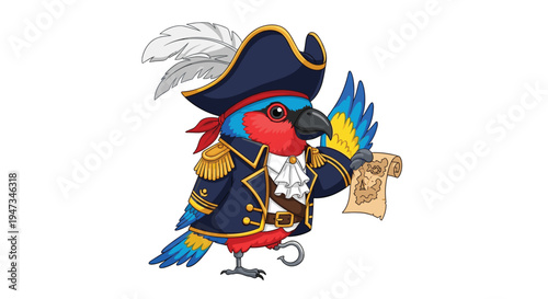 A whimsical, colorful parrot dressed as a pirate with a blue hat and hook hand is illustrated holding a rolled treasure map on a white background.