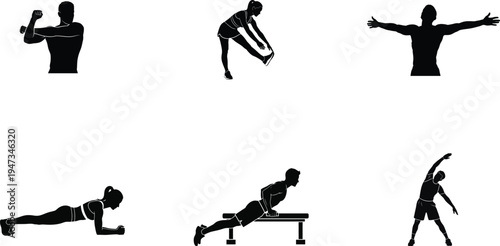 Fitness silhouettes of people exercising and doing gym workouts on white background