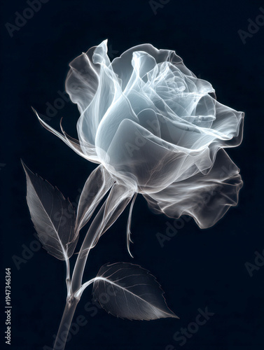 Translucent white rose glowing with delicate petal details against a dark background in a surreal botanical X-ray style photograph