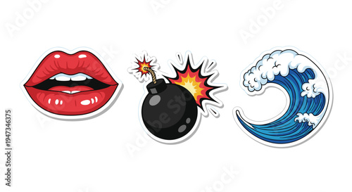 Three vibrant pop art stickers featuring red lips, a black bomb, and a blue ocean wave are arranged horizontally on a white background.