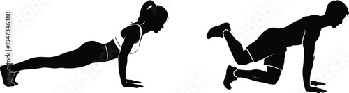 Fitness silhouettes of people exercising and doing gym workouts on white background