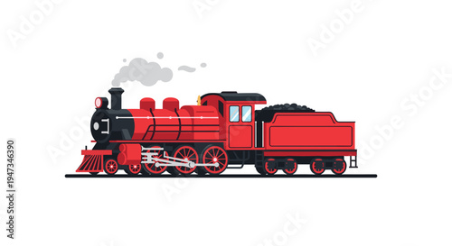A classic red steam locomotive with a tender full of coal and grey smoke is illustrated in profile against a plain white background.