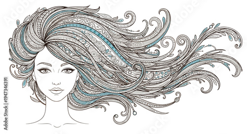 An elegant line art illustration depicts a woman's face with long, flowing, intricately patterned hair featuring blue accents on a white background.