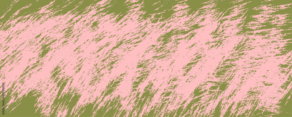 Fototapeta premium Abstract rough pink brush texture on an olive green background with diagonal distressed strokes. Grunge painted surface for posters, packaging, banners, stationery, covers, and web headers.