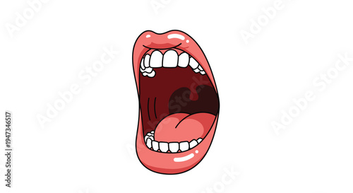 A vibrant cartoon illustration of a wide-open mouth with pink lips and white teeth is presented on a clean white background.