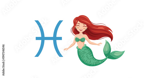 A cheerful red-haired mermaid with a green tail is positioned next to a bold blue Pisces zodiac symbol on a white background.