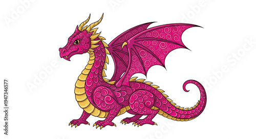 A vibrant magenta and gold dragon with intricate swirling patterns on its scales and wings is depicted in side profile.