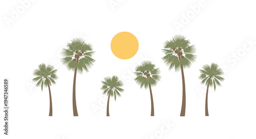Seven distinct palm trees of varying heights stand beneath a bright yellow sun on a clean white background.