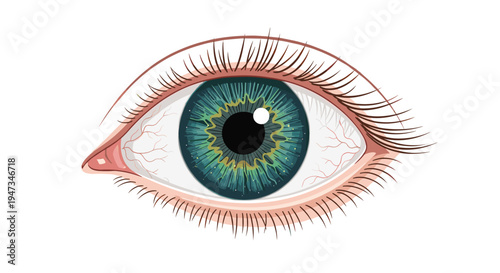 A detailed human eye with a striking blue-green iris and visible red blood vessels is framed by delicate eyelashes against a clean white background.