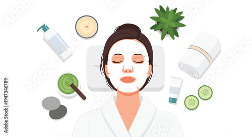 A woman with a facial mask lies on a pillow surrounded by spa items like cucumber and a candle on a white background.