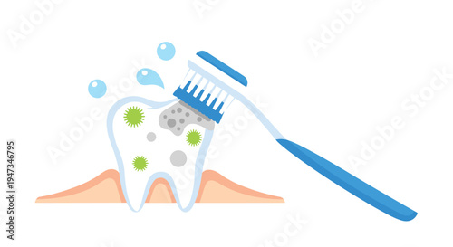 A blue toothbrush cleans a large white tooth covered in grey plaque and green bacteria on a white background.
