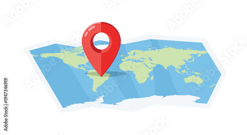A prominent red location pin with a subtle shadow is positioned centrally on a folded world map displaying green continents.