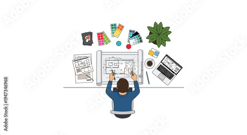 A person works on architectural blueprints at a white desk, surrounded by a laptop, color palettes, design documents, and a potted plant.