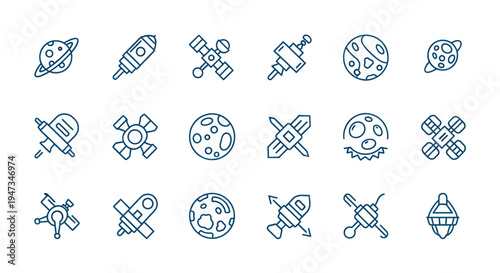 Space icons set planets rockets and satellites