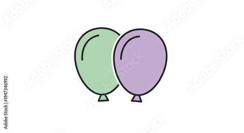 Two pastel green and purple balloons with black outlines are depicted against a plain white background in a simple flat illustration.