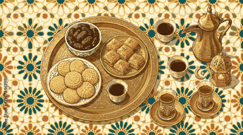 Traditional eid al fitr celebration with dates bread and tea served on a golden tray with intricate patterns