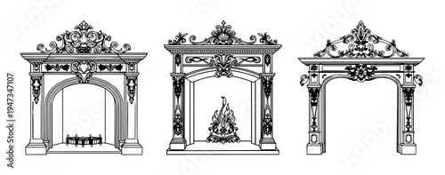 Victorian fireplace mantel set with ornate line art design featuring imperial, detailed engraving, flourishes with historical and decorative