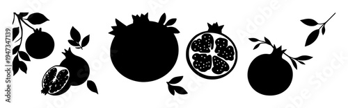 Pomegranate set with solid black silhouette of whole fruit next to half fruit featuring superfruit, botanical, monochrome with white background and illustration