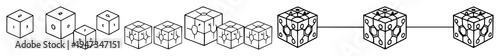 Abstract blockchain data cubes set with secure ledger theme featuring geometric lines, minimalist design, isometric perspective with technology and network