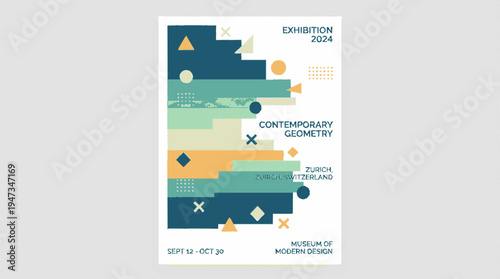 Modern exhibition poster design with abstract shapes gradient colors and typography for contemporary art event