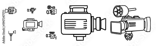 Video camera icons set with clean minimalist line art design featuring camera icons, movie sign, cinema with vector and digital