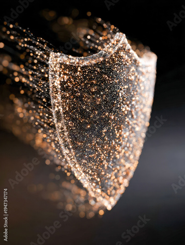 Abstract digital shield composed of glowing particles creating a sparkling protective barrier against a dark background symbolizing cybersecurity and data protection