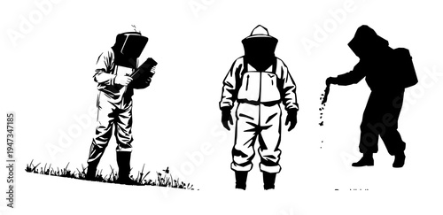 Professional beekeeper silhouette set with solid black figure wearing full mesh suit on white background featuring apiculture, beekeeping, safety gear with protective clothing and mesh mask