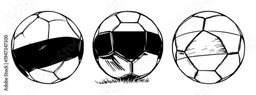 Football set with hand drawn sketch style featuring soccer ball, Russian flag, emblem sign with sports game and vector graphics